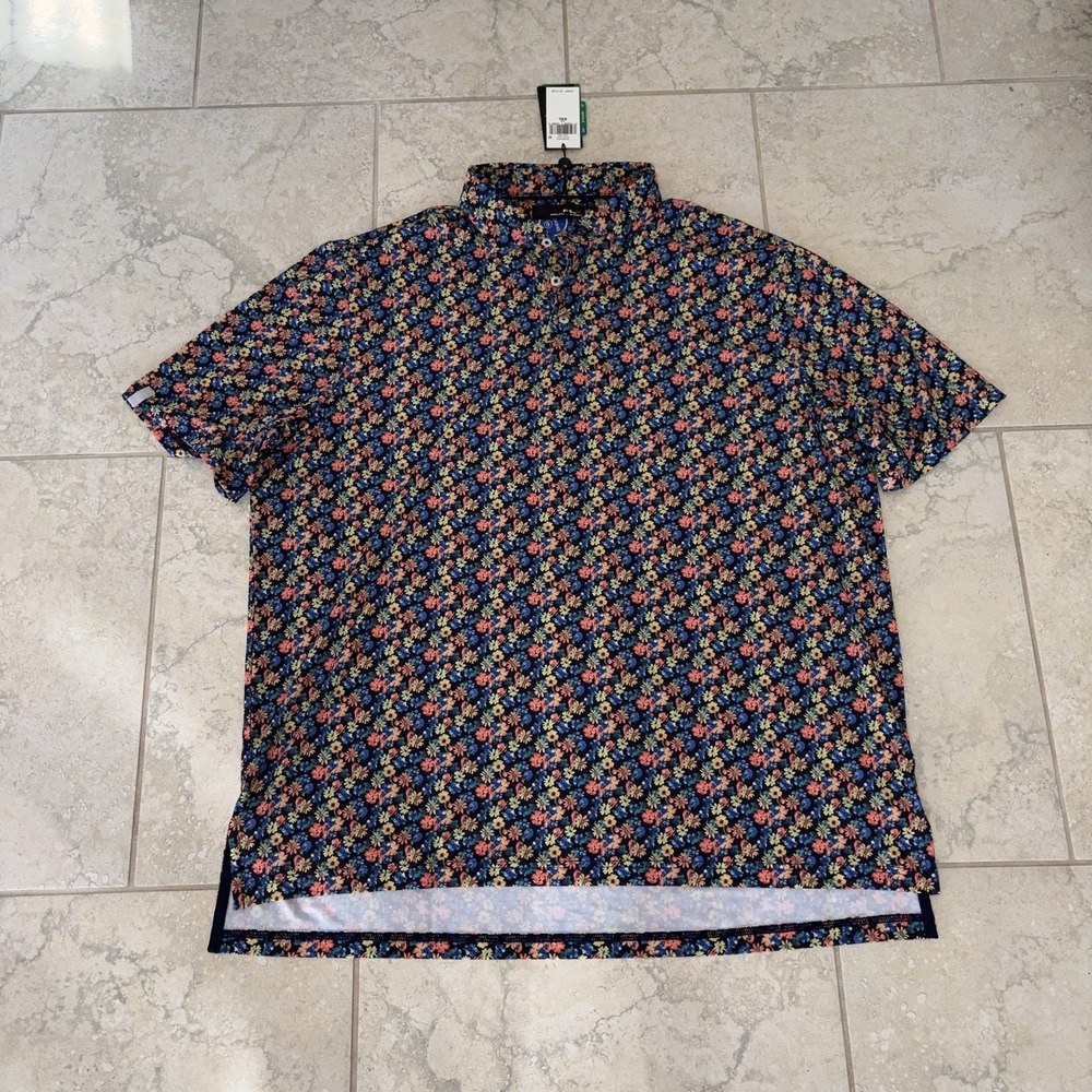 RLX Ralph Lauren Polo Shirt Mens 2XL Blue Floral Print Golf Knit Short Sleeve